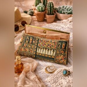 Vintage Boho Tapestry Clutch Floral Ethnic Print Gold Frame Snap Closure